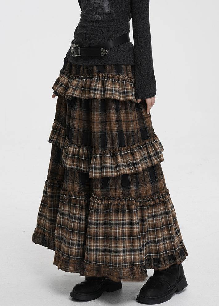 Coffee Ruffled Plaid Elastic Waist Cotton Skirts Spring