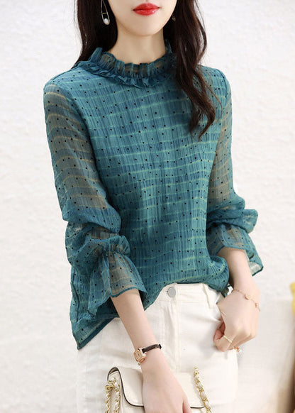 Peacock Green Stand Collar Ruffled Dot Print Chiffon Tops Flare Sleeve