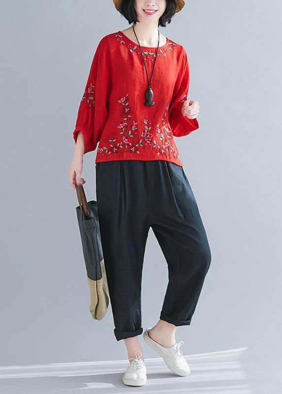 Fitted Red Lantern Sleeve Summer Cotton Linen Top