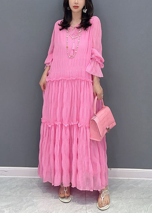Pink Ruffled Lace Up Patchwork Chiffon Long Dress Summer