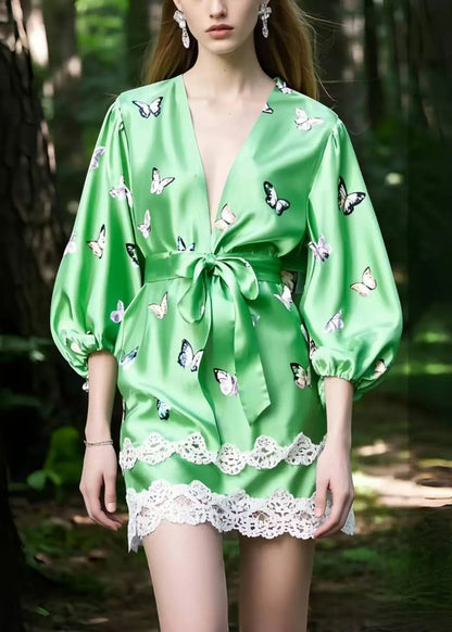 Fine Green Butterfly Patchwork Lace Silk Tea Dresses Bracelet Sleeve