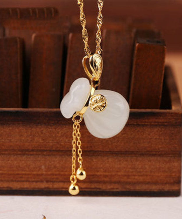 Gold Alloy Inlaid Jade Fu Zi Tassel Lucky Bag Pendant Necklace