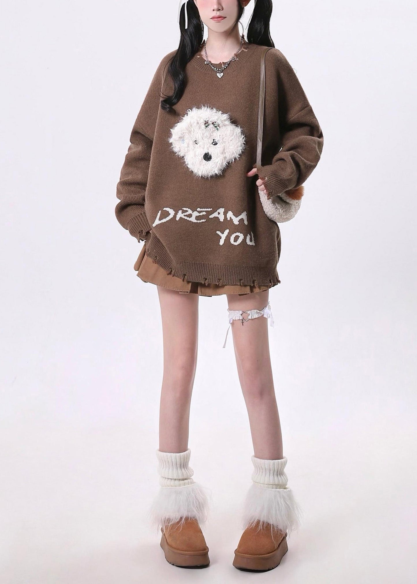 Brown Oversized Dog Knit Sweaters Spring