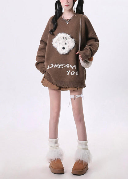 Brown Oversized Dog Knit Sweaters Spring
