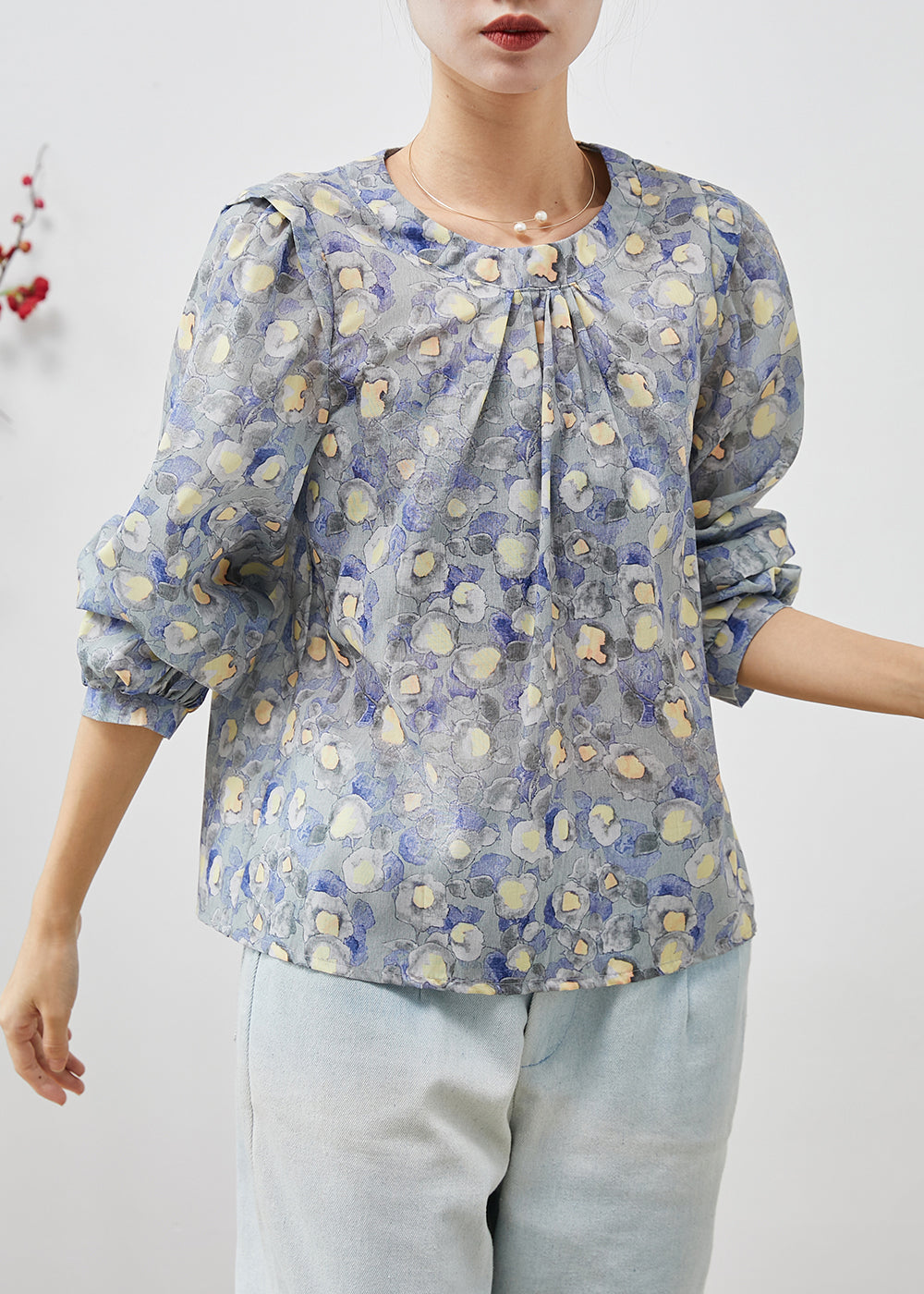 O-neck Print Linen Blouses Spring