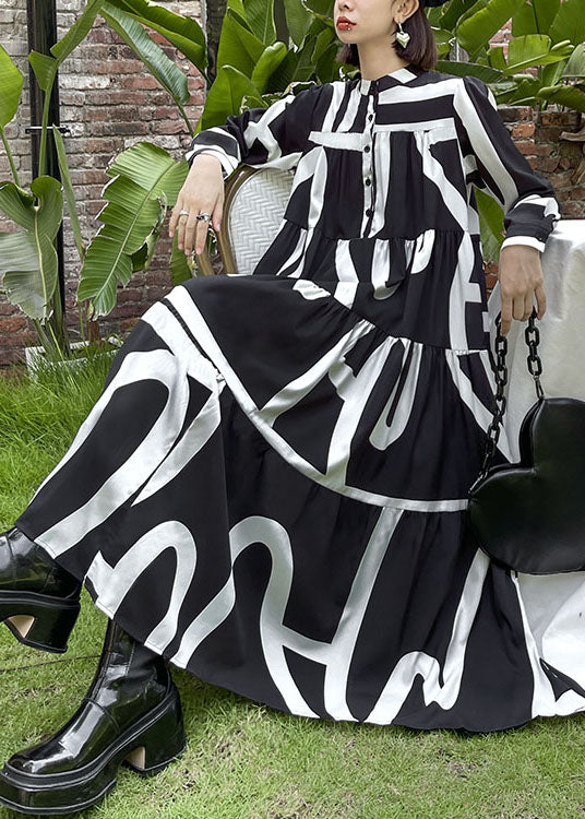 Loose Black Button Patchwork Print Fall Long Sleeve Long Dresses