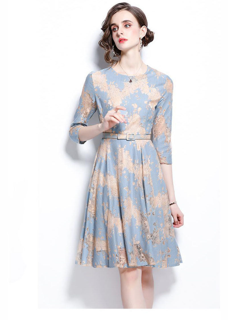 French Light Blue O-neck Embroideried Lace Cinch Dresses Bracelet Sleeve
