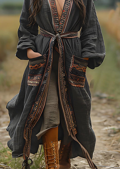 Black Print Pockets Cotton Loose Cardigans Spring