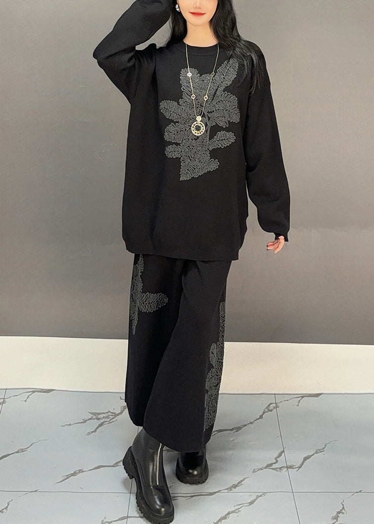 Simple Black O Neck Embroidered Cotton Two Piece Set Fall