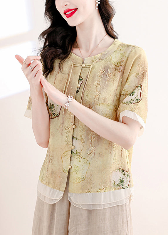Yellow O Neck Print Linen Two Piece Suit Set Summer