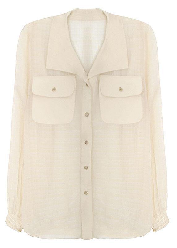 Art Beige Plaid Pockets Button Blouse Tops Summer