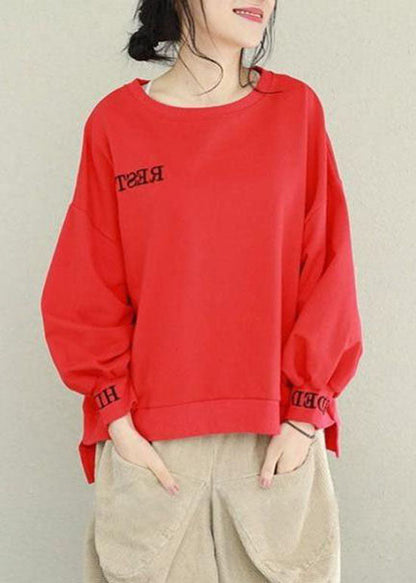 Diy Red O-neck Low High Design Cotton Pullover Street Wear Spring