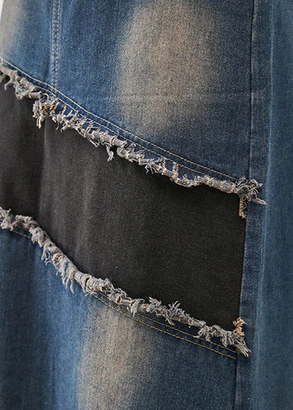 Blue Tasseled Patchwork Denim Skirt Fall