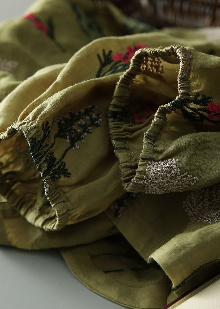 Green O-neck Embroideried Patchwork Cotton Tops Summer