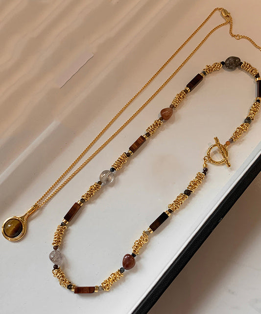 Gold Copper Overgild Tiger's-eye Beads Two-piece Set Pendant Necklace