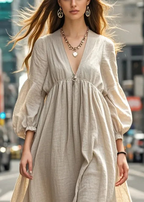 Beige Oversized Cotton Long Dresses Fall