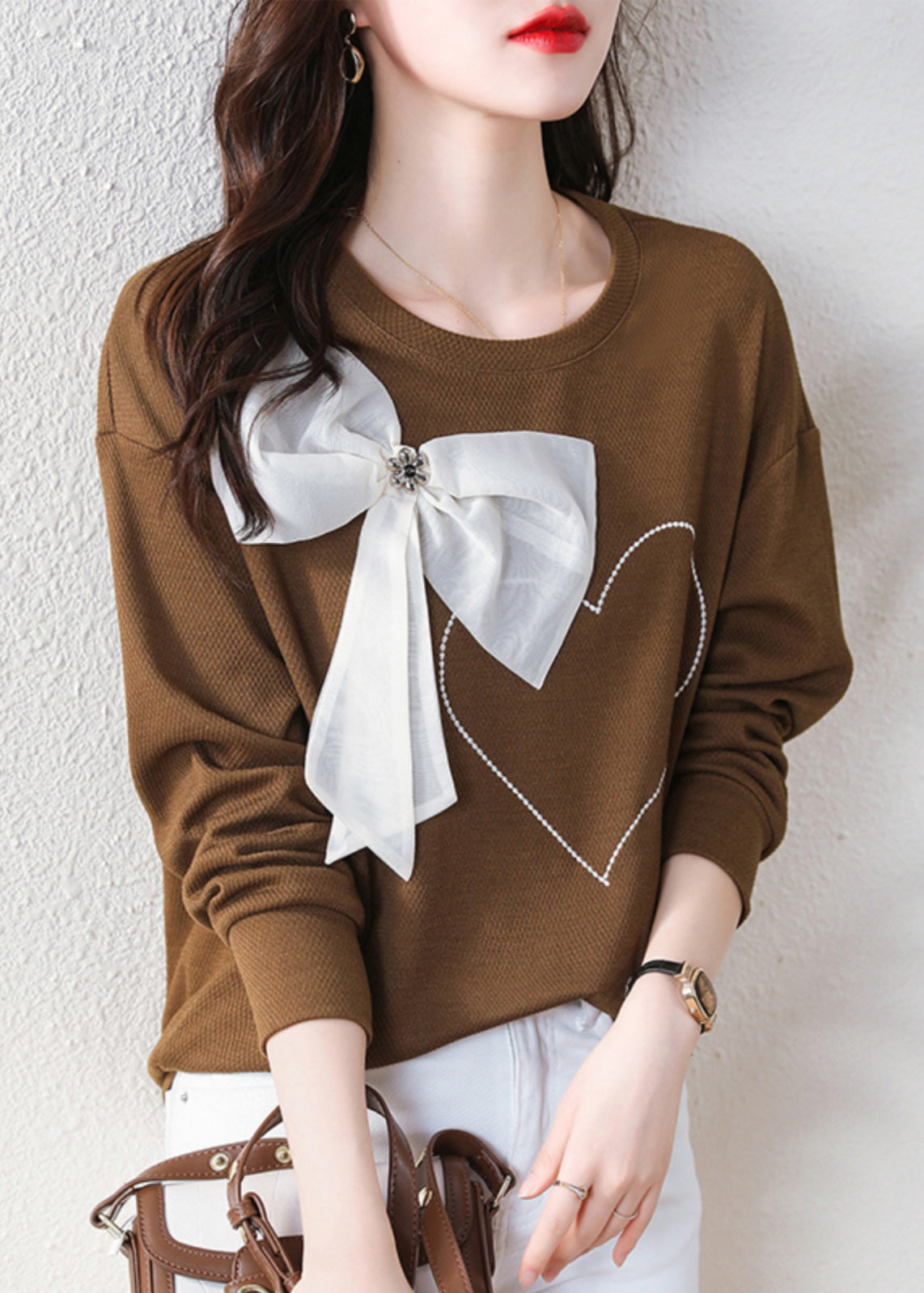 Stylish Coffee O Neck Bow Cotton Sweatshirt Spring