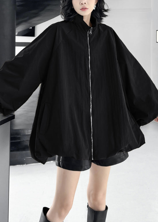 Black Zip Up Pockets Cotton Coats Fall