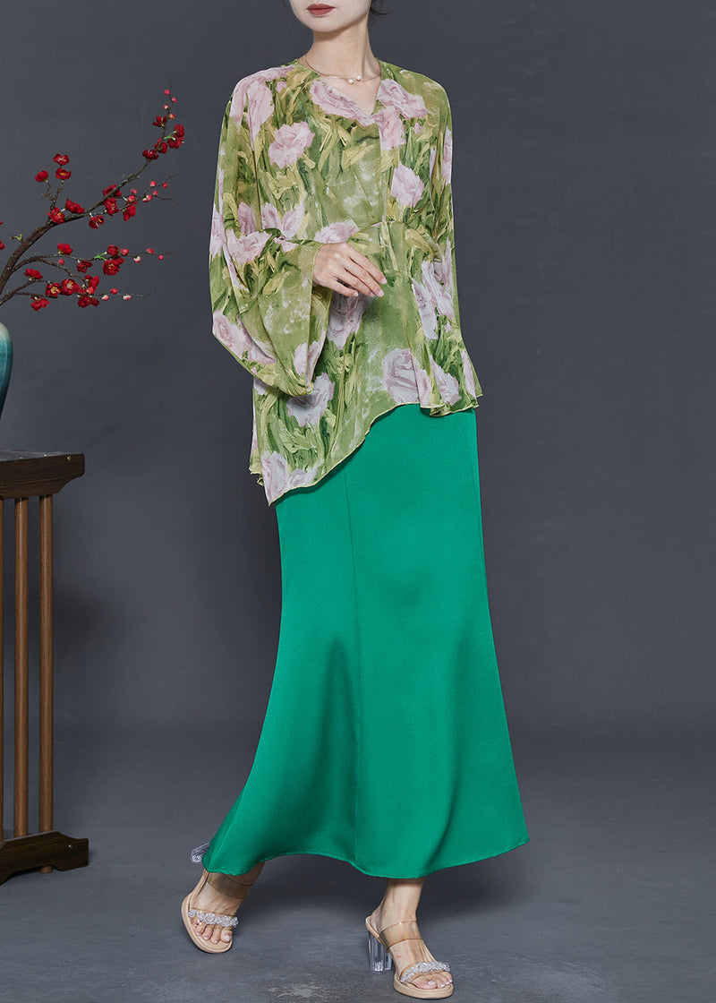 Organic Green Oversized Print Chiffon Sets 2 Pieces Fall