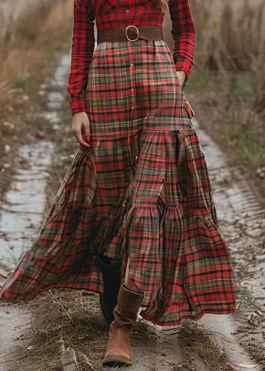 Colorblock Plaid Wrinkled Cotton Maxi Dresses Long Sleeve