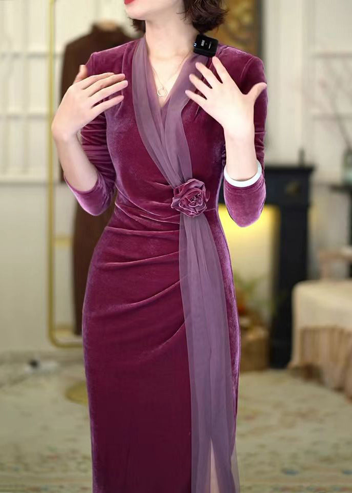 Chinese Style Purple V Neck Wrinkled Rose Silk Velour Long Dress Winter