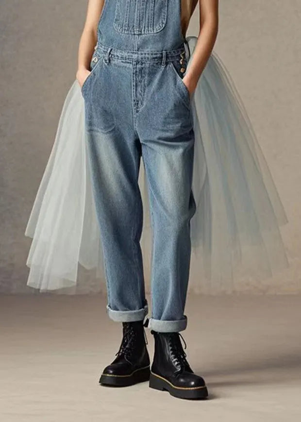Blue Tulle Patchwork Denim Jumpsuit Spring