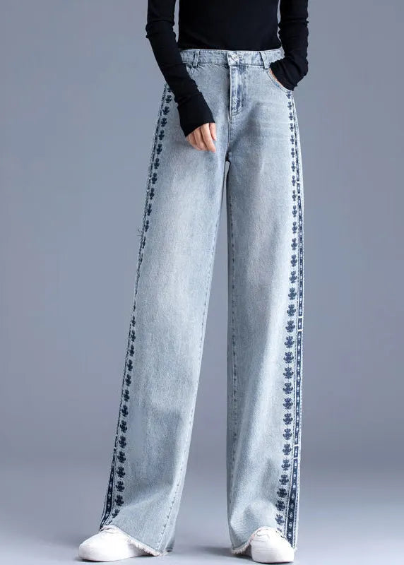 Blue Embroidered Pockets Patchwork Denim Pants Spring