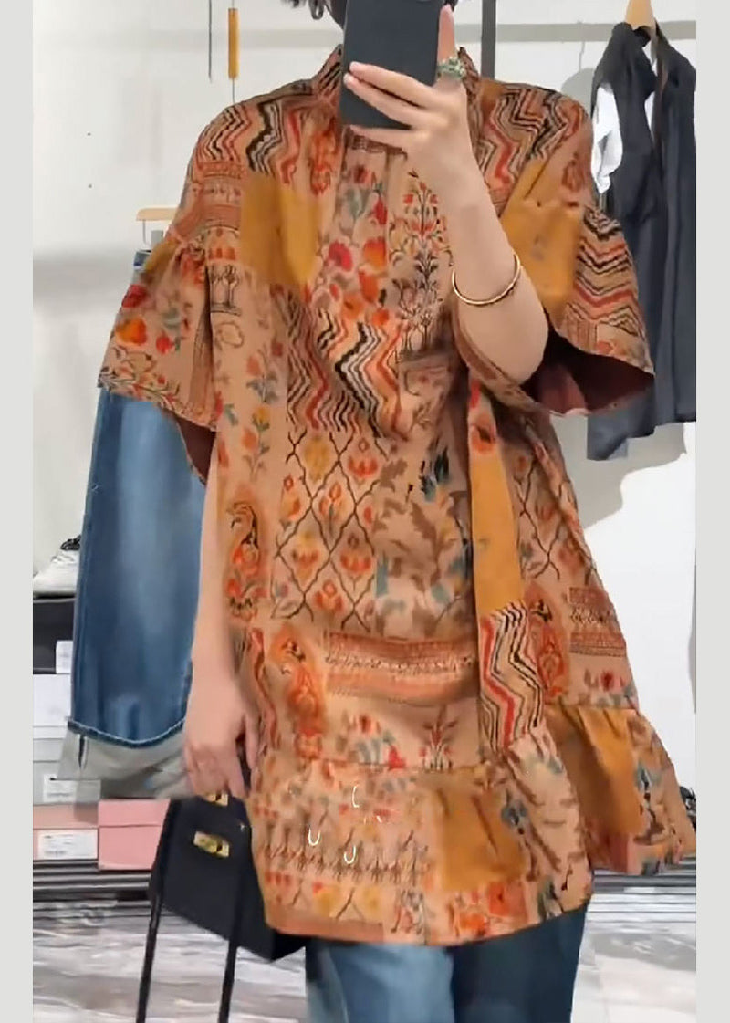 Orange Stand Collar Print Patchwork Silk Shirts Summer