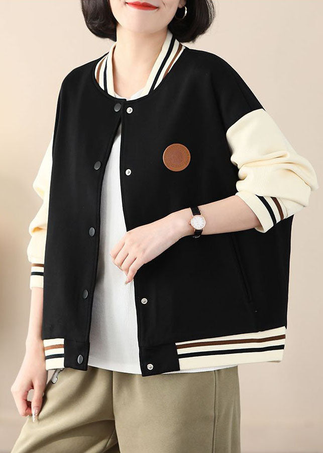 Black Stand Collar Oversized Patchwork Cotton Coats Spring