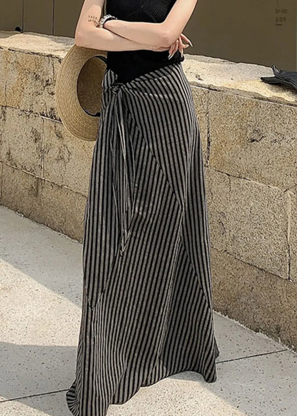 Art Striped Lace Up High Waist Cotton Skirt Summer