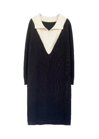 Diy Black Peter Pan Collar Patchwork Cotton Fake Two Piece Dress Fall