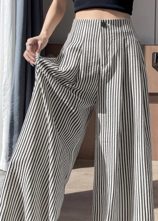 Striped Wrinkled High Waist Cotton Wide Leg Pants Fall