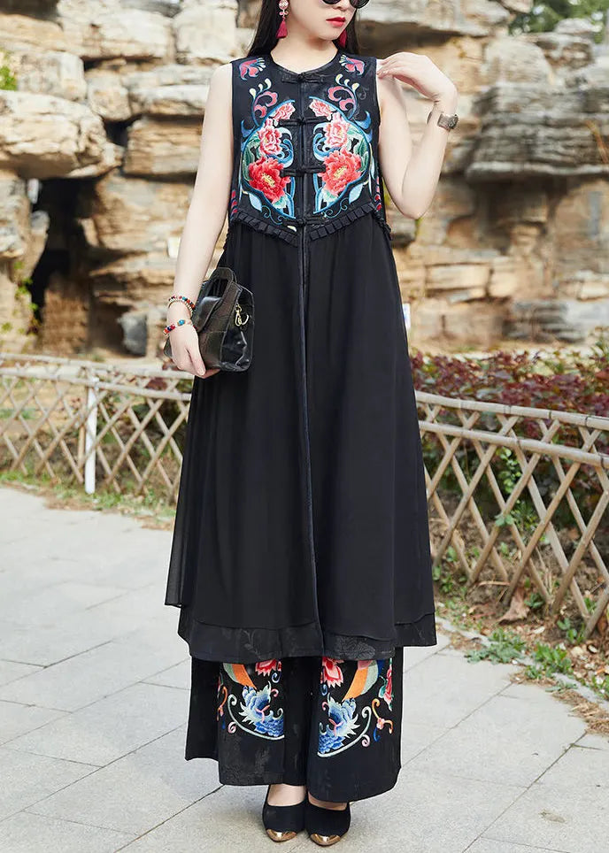 Black Embroideried Chinese Button Patchwork Silk Long Waistcoat Sleeveless