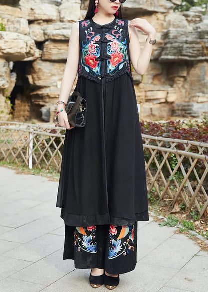Black Embroideried Chinese Button Patchwork Silk Long Waistcoat Sleeveless