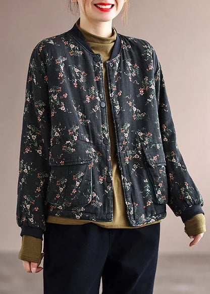Black Stand Collar Pockets Fine Cotton Filled Jacket Spring