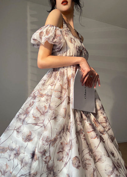White Elastic Waist Cold Shoulder Print Silk Strap Dresses Puff Sleeve