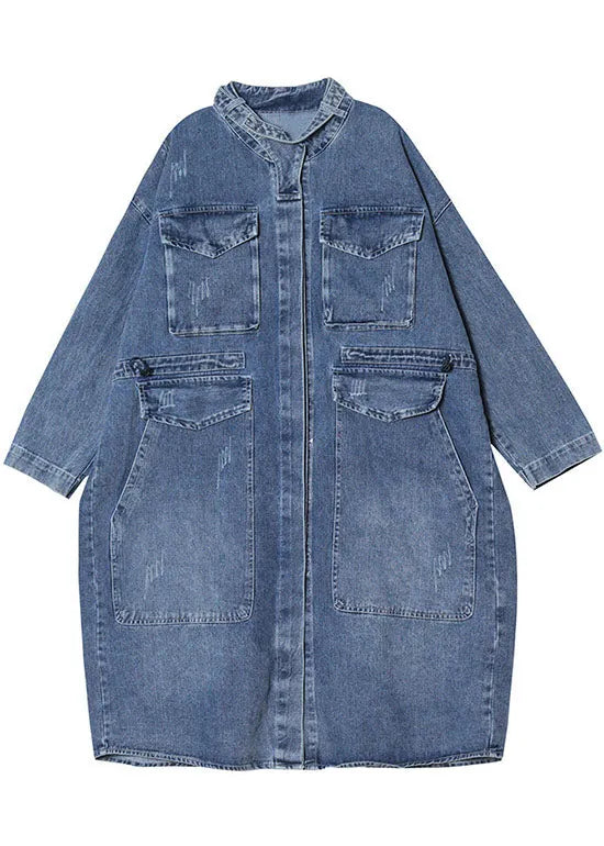 Unique Blue Pockets Button Loose Fall Denim Long Sleeve Coats Trench Coats