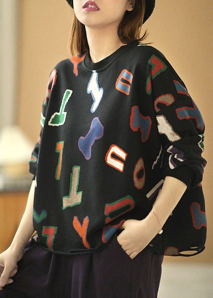 Modern Black Loose O-neck Graphic Hole Fall Sweatshirts Top