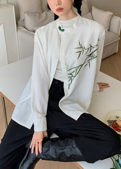 Diy White O-neck Print Button Silk Shirts Spring