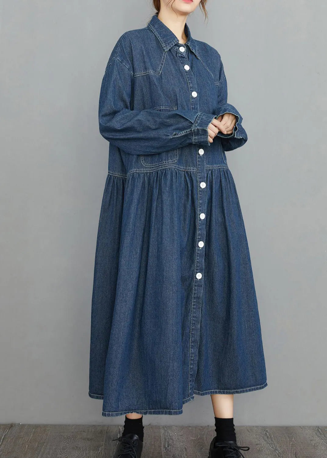 Navy Peter Pan Collar Button Pockets Wrinkled Denim Dress Spring