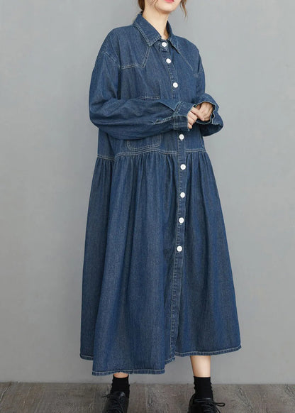 Navy Peter Pan Collar Button Pockets Wrinkled Denim Dress Spring