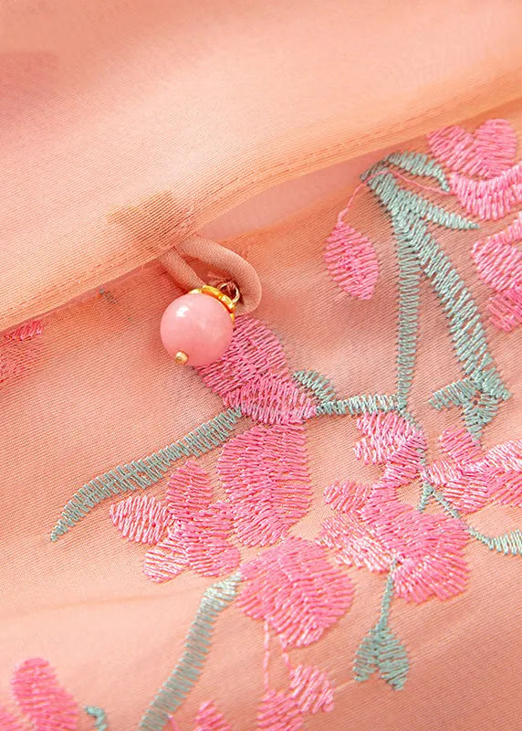 New Pink O-neck Embroidered Button Silk Waistcoat Sleeveless