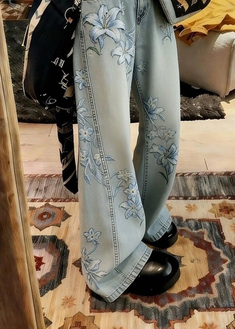 Unique Blue Pockets Print High Waist Denim Pants Spring