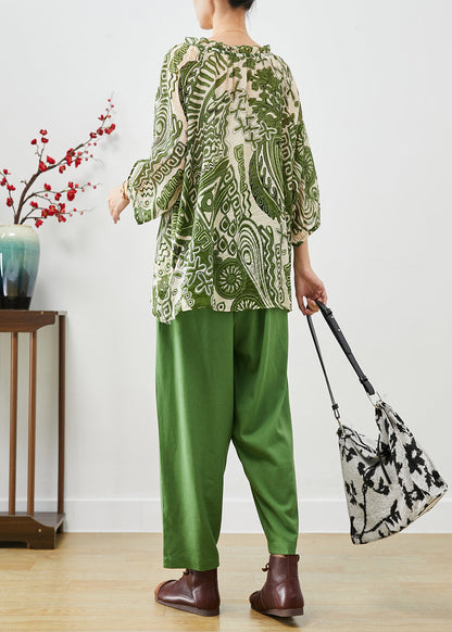 Green Ruffled Print Linen Two-piece Set Fall