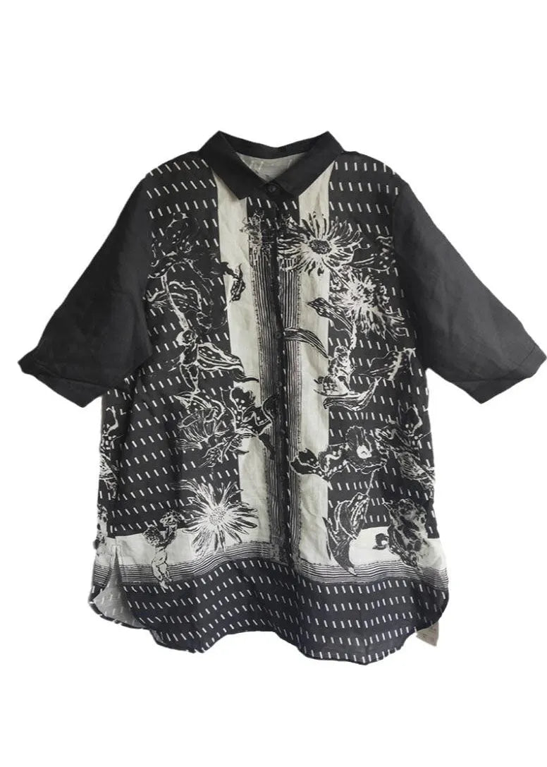Black Peter Pan Collar Print Linen Long Shirt Tops Half Sleeve