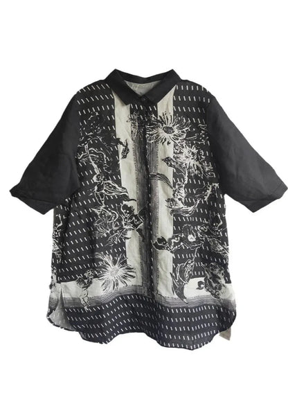 Black Peter Pan Collar Print Linen Long Shirt Tops Half Sleeve