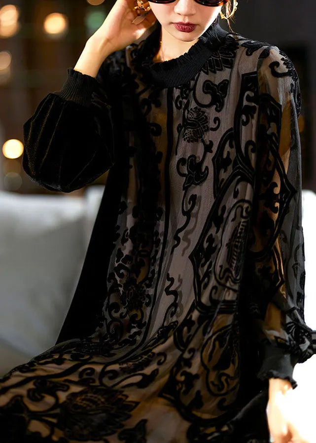 Black O-neck Embroidered Patchwork Silk Velour Maxi Dress Long Sleeve