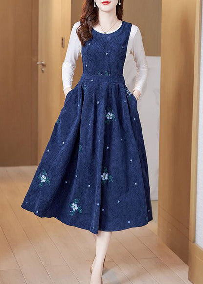 Embroideried Slim Fit Corduroy a Line Dress Two Pieces Set Spring