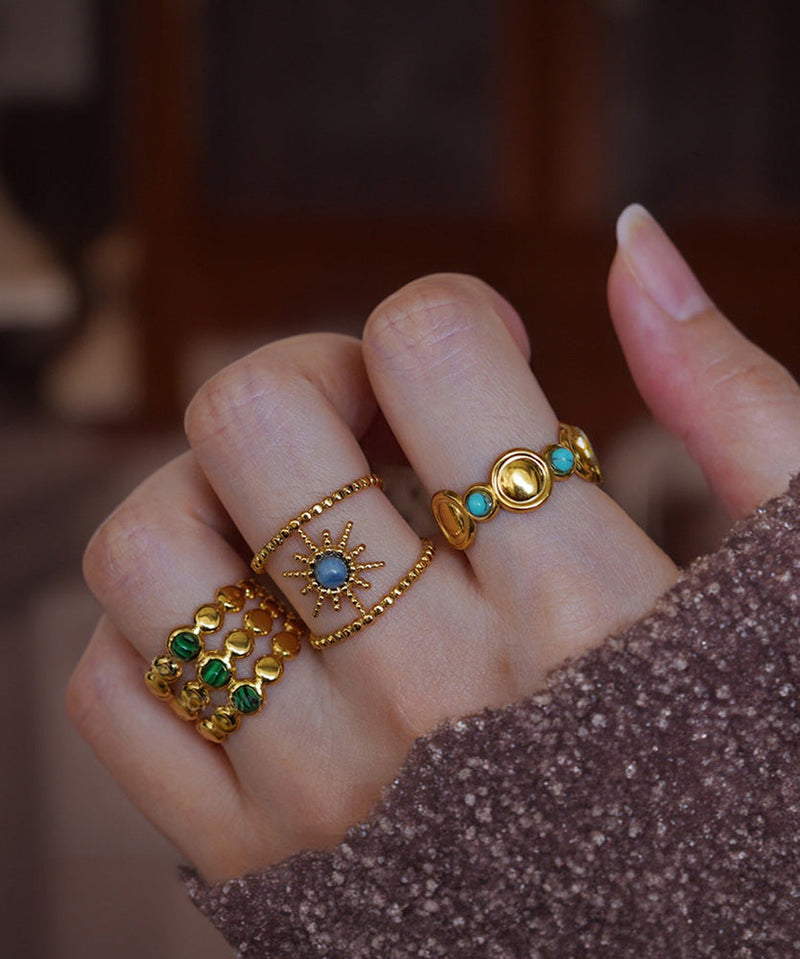 Gold Sterling Silver Overgild Turquoise Gem Stone Ring Three Piece Set Ring