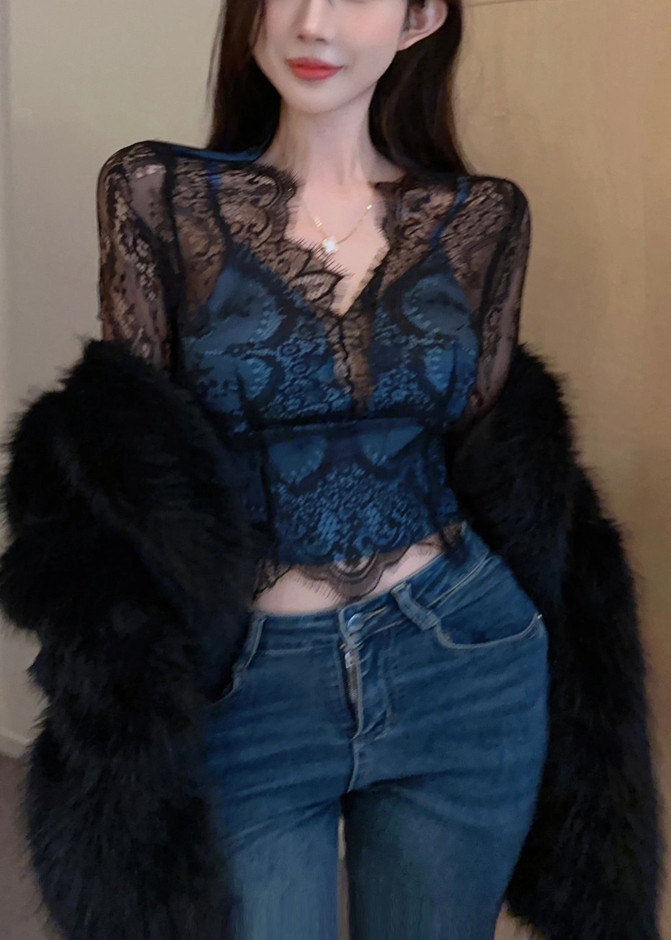 Black Hollow Out Patchwork Lace Tops